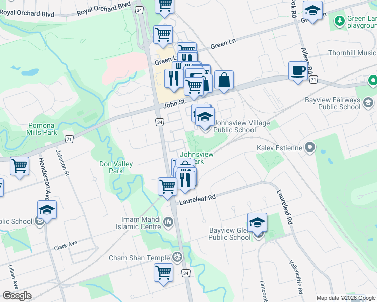 map of restaurants, bars, coffee shops, grocery stores, and more near 67 Harris Way in Markham