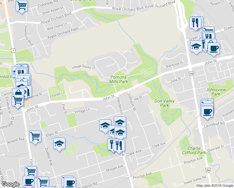 map of restaurants, bars, coffee shops, grocery stores, and more near John Street & Henderson Avenue in Markham