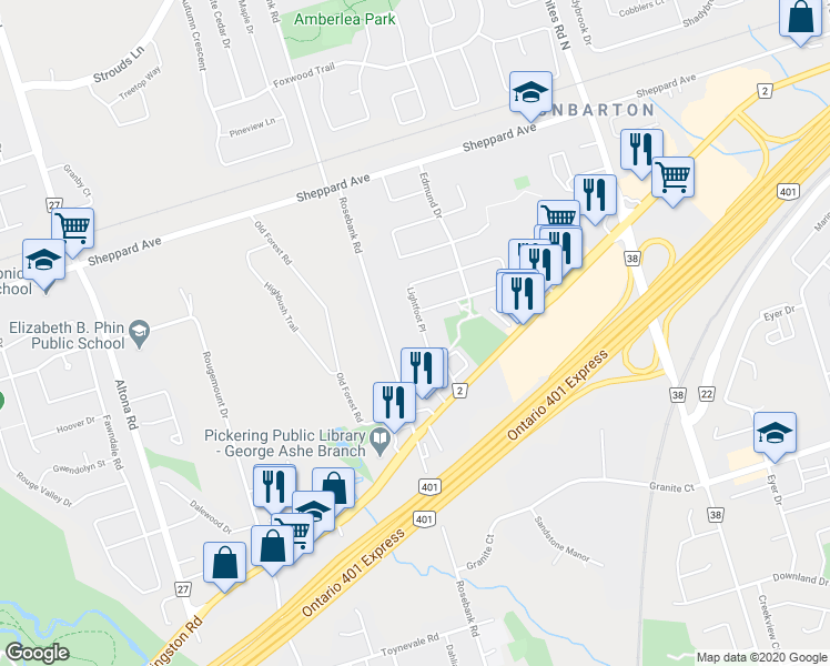 map of restaurants, bars, coffee shops, grocery stores, and more near 504 Lightfoot Place in Pickering