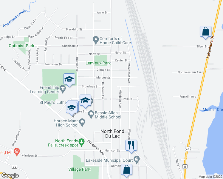 map of restaurants, bars, coffee shops, grocery stores, and more near Minnesota Avenue in North Fond du Lac