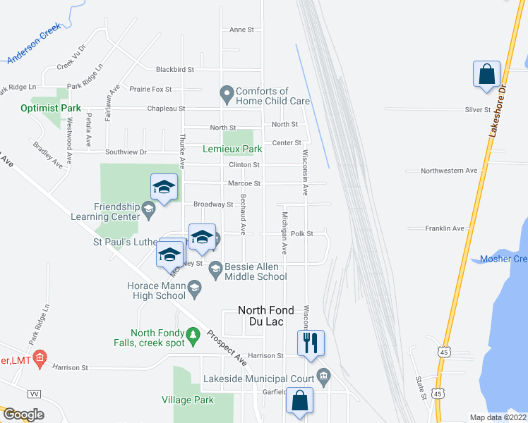 map of restaurants, bars, coffee shops, grocery stores, and more near 1130 Minnesota Avenue in North Fond du Lac