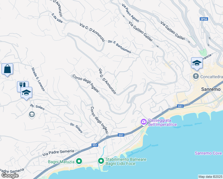map of restaurants, bars, coffee shops, grocery stores, and more near 52 Via Gabriele D'Annunzio in Sanremo