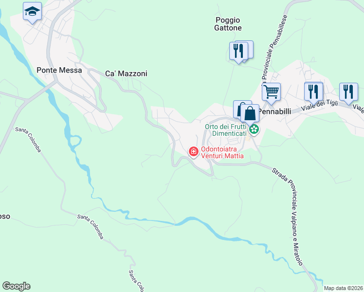 map of restaurants, bars, coffee shops, grocery stores, and more near 31 Via delle Tre Genghe in Pennabilli