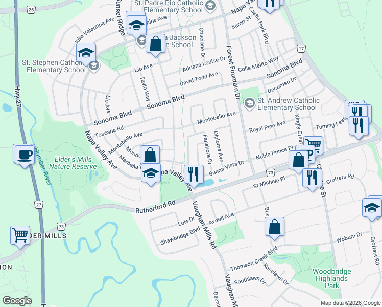 map of restaurants, bars, coffee shops, grocery stores, and more near 188 Buena Vista Drive in Vaughan