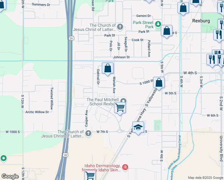 map of restaurants, bars, coffee shops, grocery stores, and more near 294 Oaktrail Drive in Rexburg