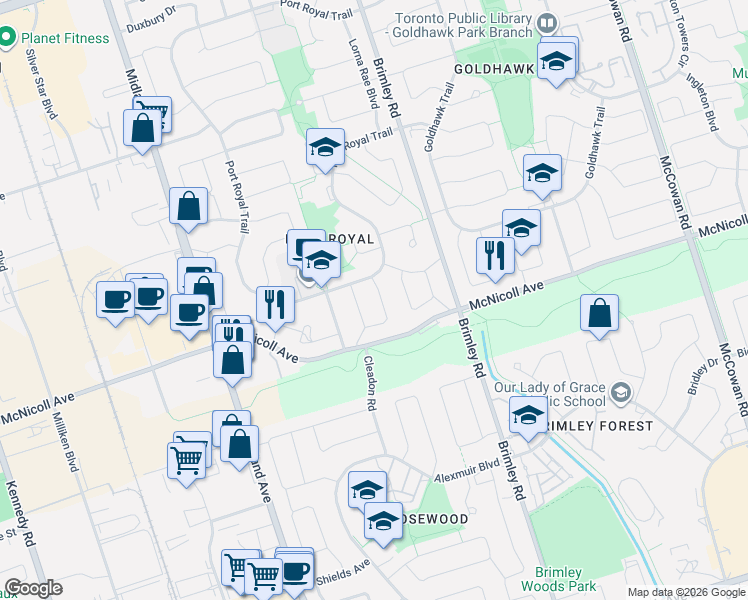 map of restaurants, bars, coffee shops, grocery stores, and more near 91 Campania Crescent in Toronto