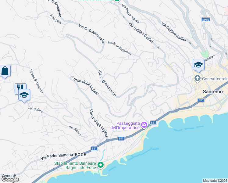 map of restaurants, bars, coffee shops, grocery stores, and more near 40 Via G. D'Annunzio in Sanremo