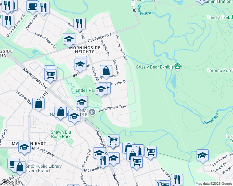 map of restaurants, bars, coffee shops, grocery stores, and more near 88 Grayson Crescent in Toronto
