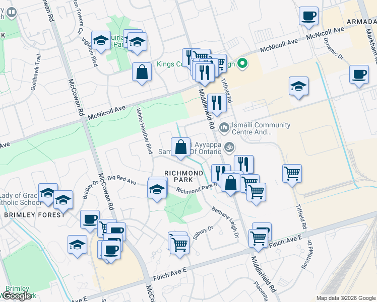 map of restaurants, bars, coffee shops, grocery stores, and more near 60 Lansbury Drive in Toronto
