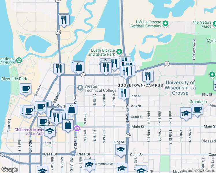 map of restaurants, bars, coffee shops, grocery stores, and more near 508 10th Street North in La Crosse