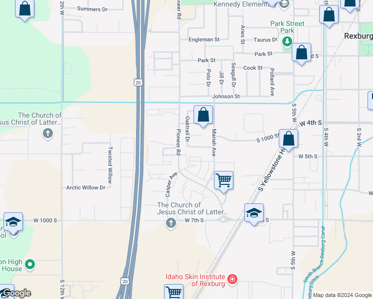 map of restaurants, bars, coffee shops, grocery stores, and more near 318 Oaktrail Drive in Rexburg