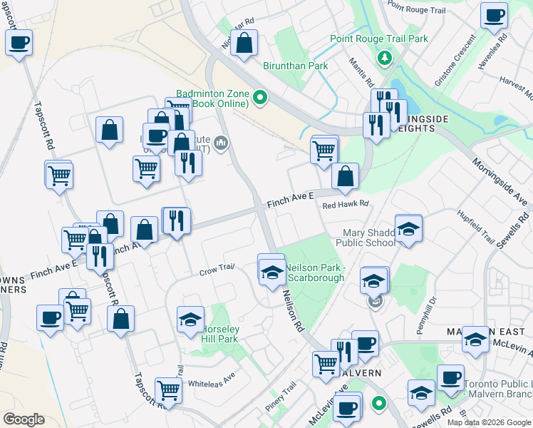 map of restaurants, bars, coffee shops, grocery stores, and more near 44 Mourning Dove Crescent in Toronto