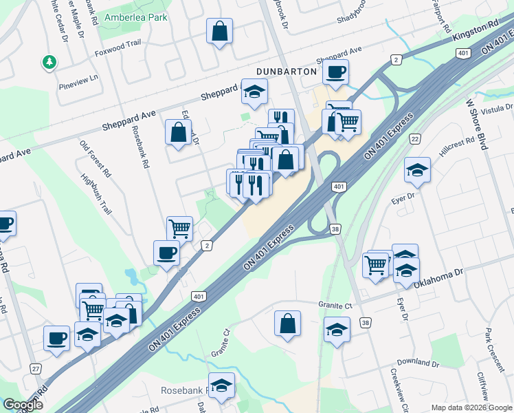 map of restaurants, bars, coffee shops, grocery stores, and more near 619 Kingston Road in Pickering