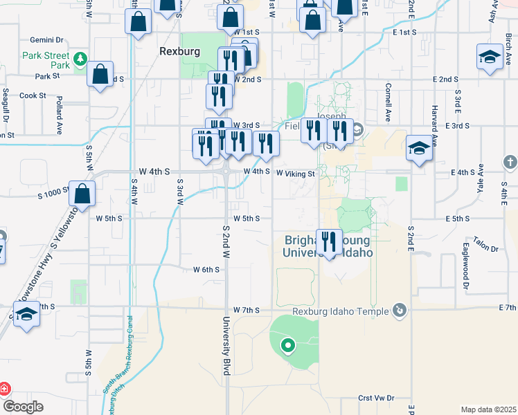 map of restaurants, bars, coffee shops, grocery stores, and more near 129 West 4th South in Rexburg