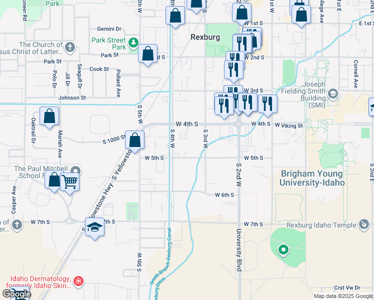 map of restaurants, bars, coffee shops, grocery stores, and more near 350 West 5th South in Rexburg