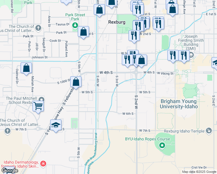 map of restaurants, bars, coffee shops, grocery stores, and more near 350 West 5th South in Rexburg