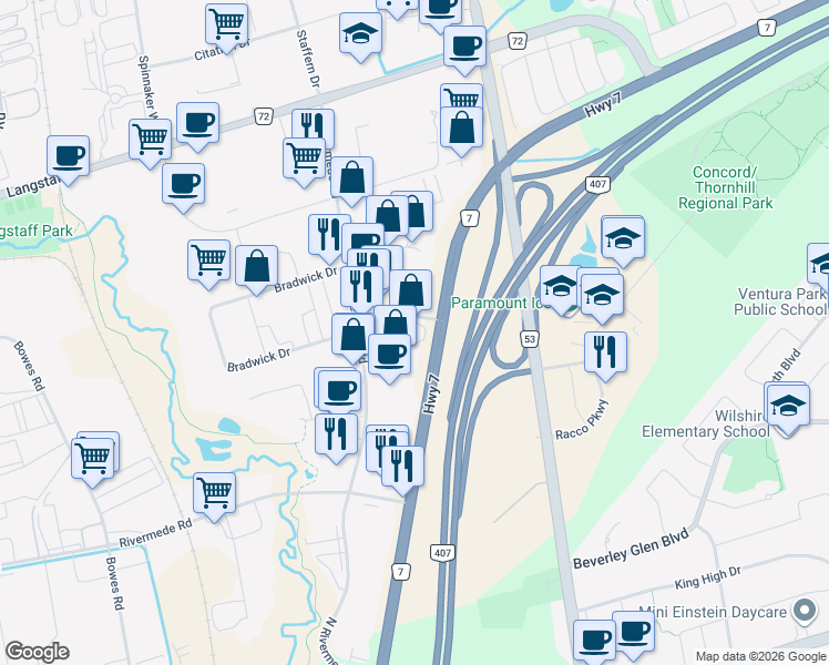 map of restaurants, bars, coffee shops, grocery stores, and more near 400 Bradwick Drive in Vaughan