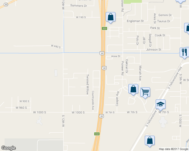 map of restaurants, bars, coffee shops, grocery stores, and more near 473 Countryside Avenue in Rexburg