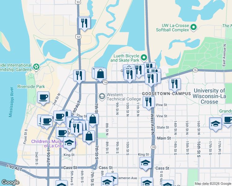 map of restaurants, bars, coffee shops, grocery stores, and more near 508 9th Street North in La Crosse