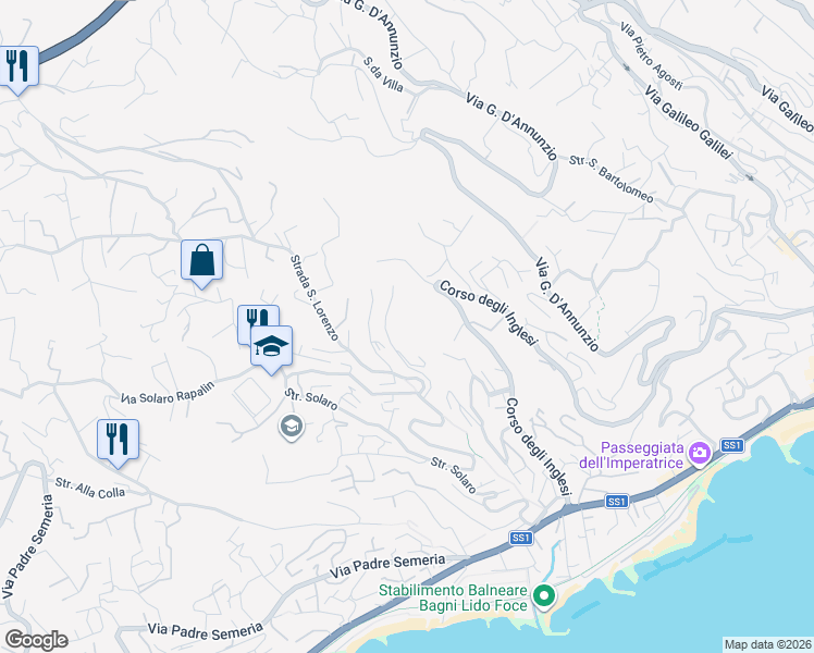 map of restaurants, bars, coffee shops, grocery stores, and more near 16 Strada Domenico Cotta in Sanremo