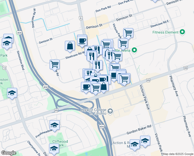 map of restaurants, bars, coffee shops, grocery stores, and more near 7085 Woodbine Avenue in Markham