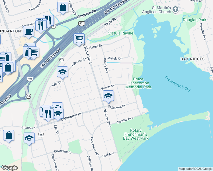 map of restaurants, bars, coffee shops, grocery stores, and more near in Pickering