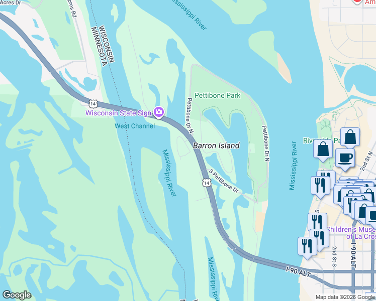 map of restaurants, bars, coffee shops, grocery stores, and more near 621 Park Plaza Drive in La Crosse