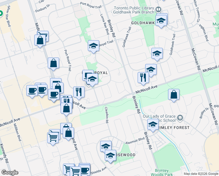 map of restaurants, bars, coffee shops, grocery stores, and more near 94 Campania Crescent in Toronto