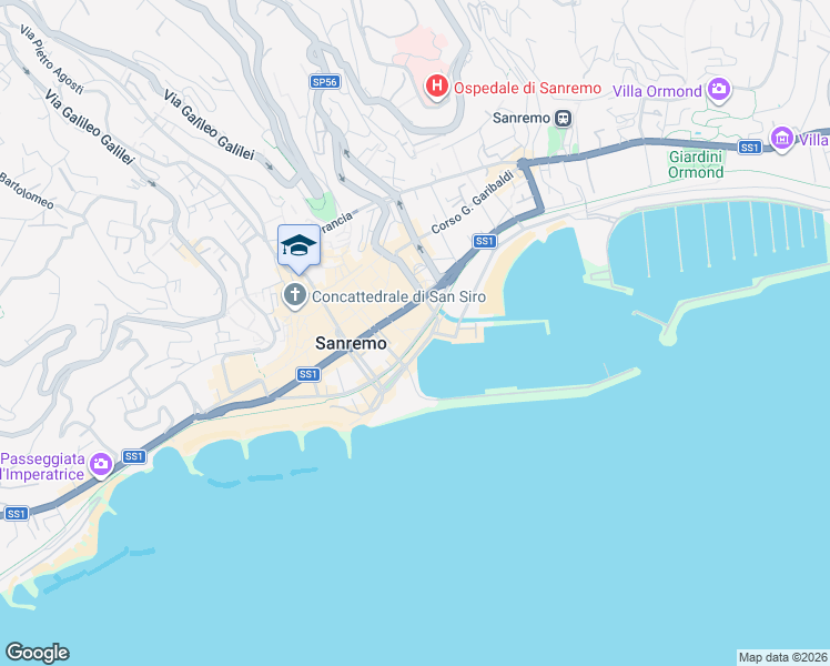 map of restaurants, bars, coffee shops, grocery stores, and more near 34 Via Bartolomeo Asquasciati in Sanremo