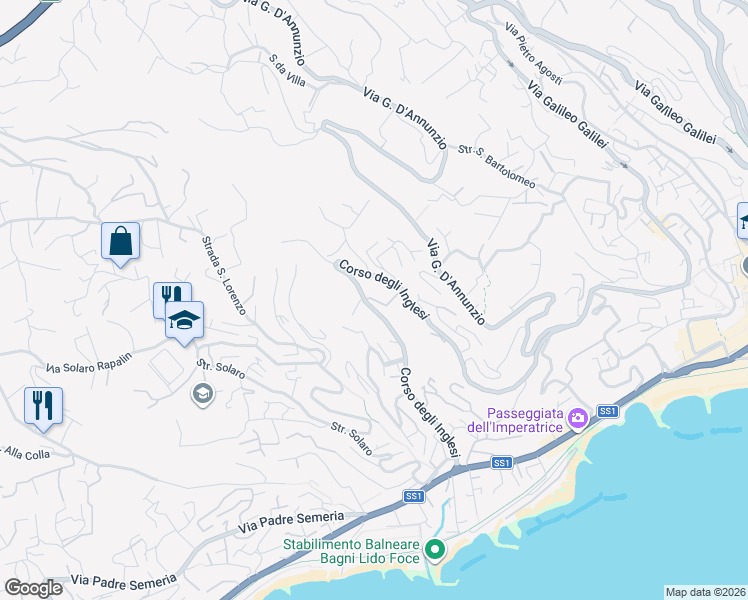 map of restaurants, bars, coffee shops, grocery stores, and more near 7 Via Privata Ellena in Sanremo
