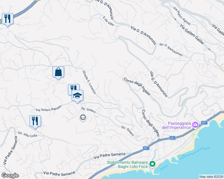 map of restaurants, bars, coffee shops, grocery stores, and more near 16 Strada Domenico Cotta in Sanremo