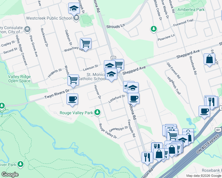map of restaurants, bars, coffee shops, grocery stores, and more near in Pickering