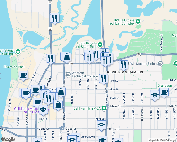 map of restaurants, bars, coffee shops, grocery stores, and more near 508 10th Street North in La Crosse