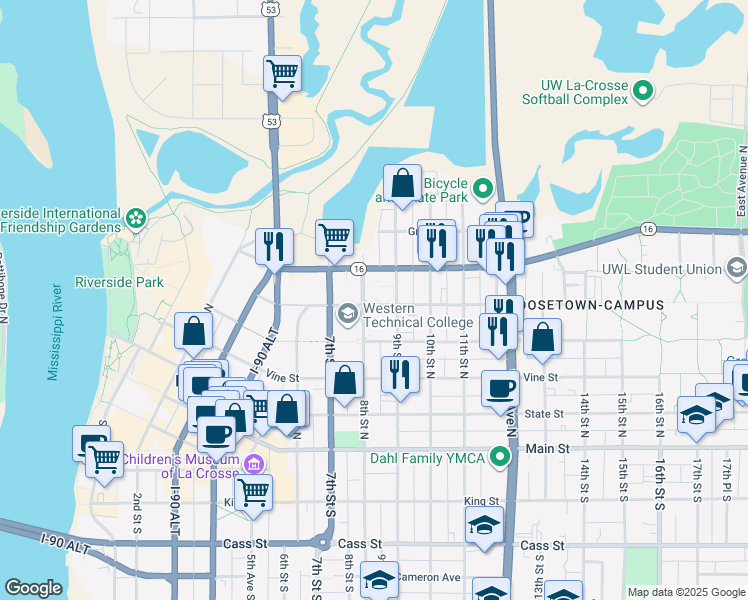 map of restaurants, bars, coffee shops, grocery stores, and more near 508 8th Street North in La Crosse
