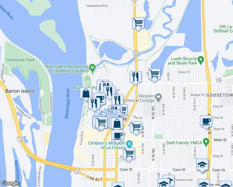 map of restaurants, bars, coffee shops, grocery stores, and more near 429 2nd Street North in La Crosse