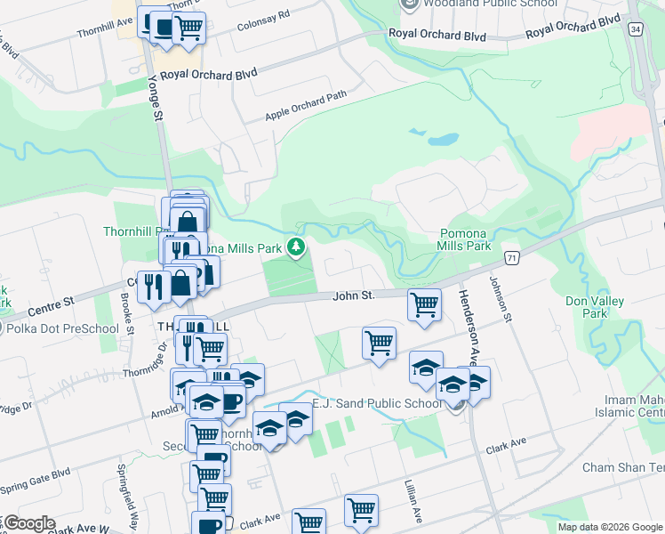 map of restaurants, bars, coffee shops, grocery stores, and more near 30 Deanbank Drive in Markham