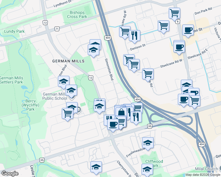 map of restaurants, bars, coffee shops, grocery stores, and more near 62 Dersingham Crescent in Markham