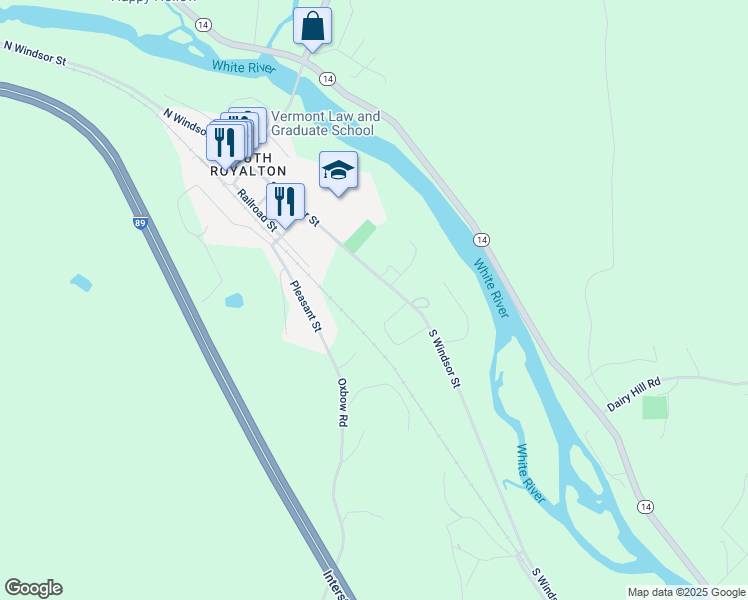map of restaurants, bars, coffee shops, grocery stores, and more near 418 South Windsor Street in Royalton