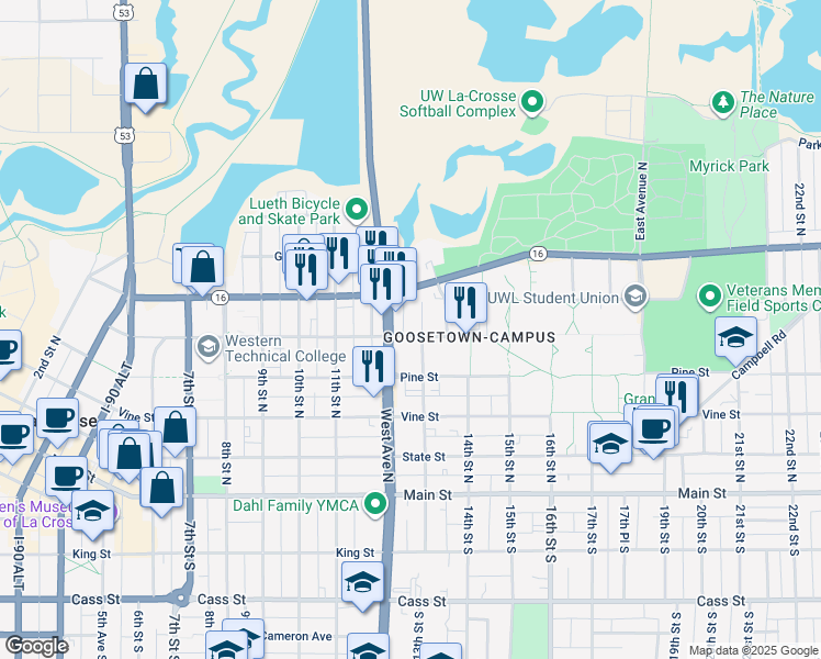 map of restaurants, bars, coffee shops, grocery stores, and more near 1243 Badger Street in La Crosse