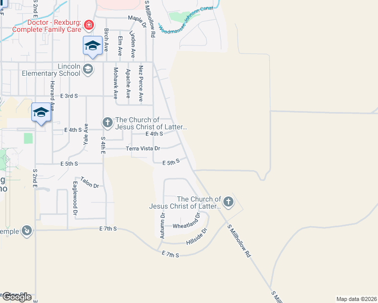 map of restaurants, bars, coffee shops, grocery stores, and more near 522 South Millhollow Road in Rexburg
