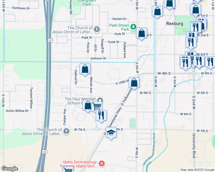 map of restaurants, bars, coffee shops, grocery stores, and more near 645 Trejo Street in Rexburg
