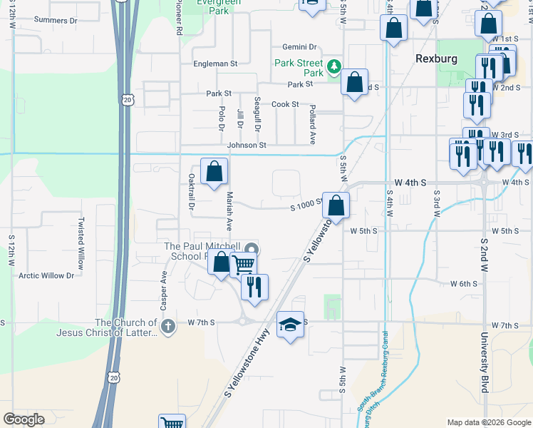 map of restaurants, bars, coffee shops, grocery stores, and more near 645 Trejo Street in Rexburg