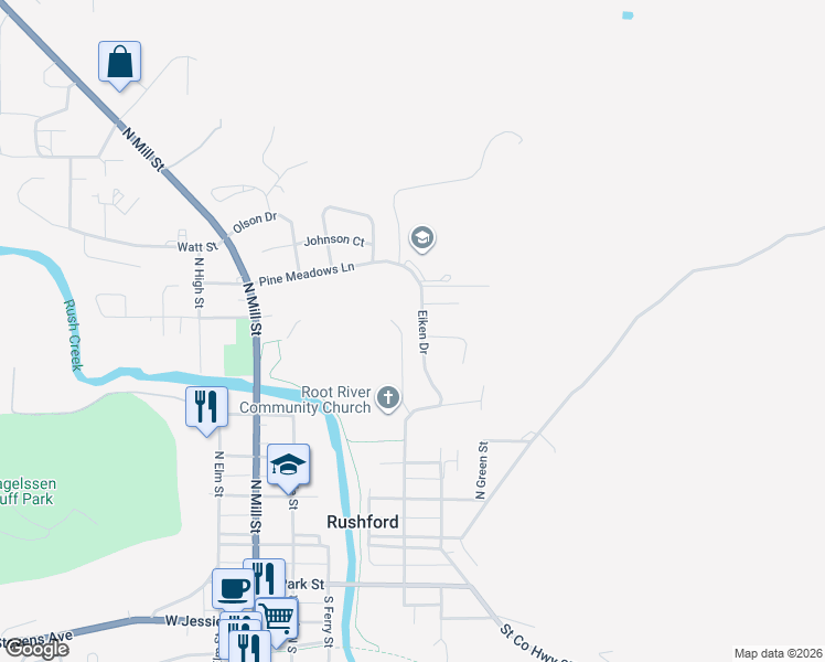map of restaurants, bars, coffee shops, grocery stores, and more near 601 Eiken Drive in Rushford