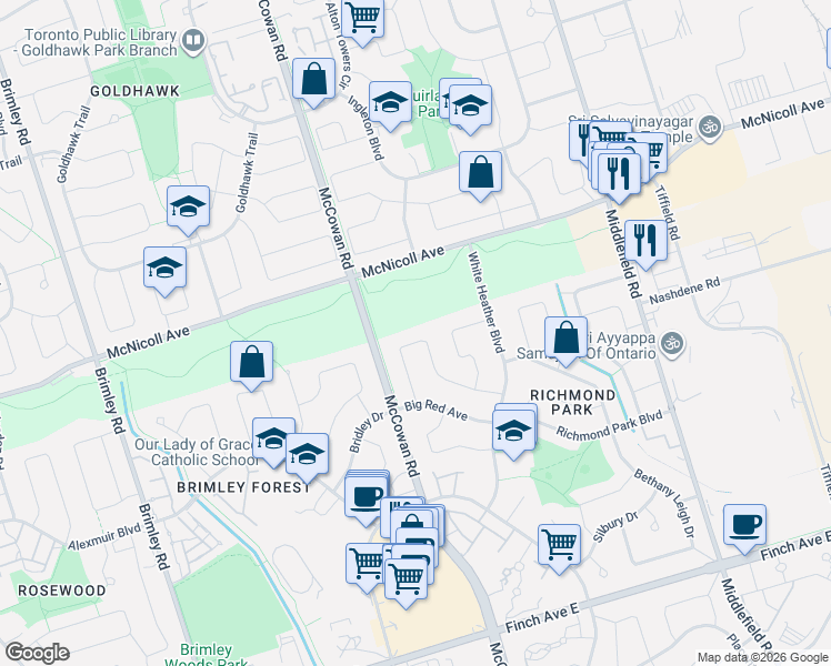 map of restaurants, bars, coffee shops, grocery stores, and more near 54 Ashridge Drive in Toronto
