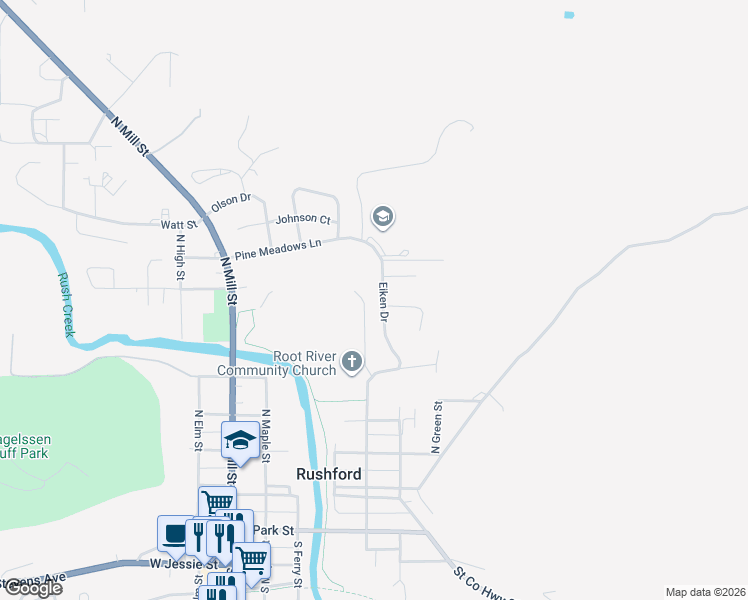 map of restaurants, bars, coffee shops, grocery stores, and more near 601 Eiken Drive in Rushford