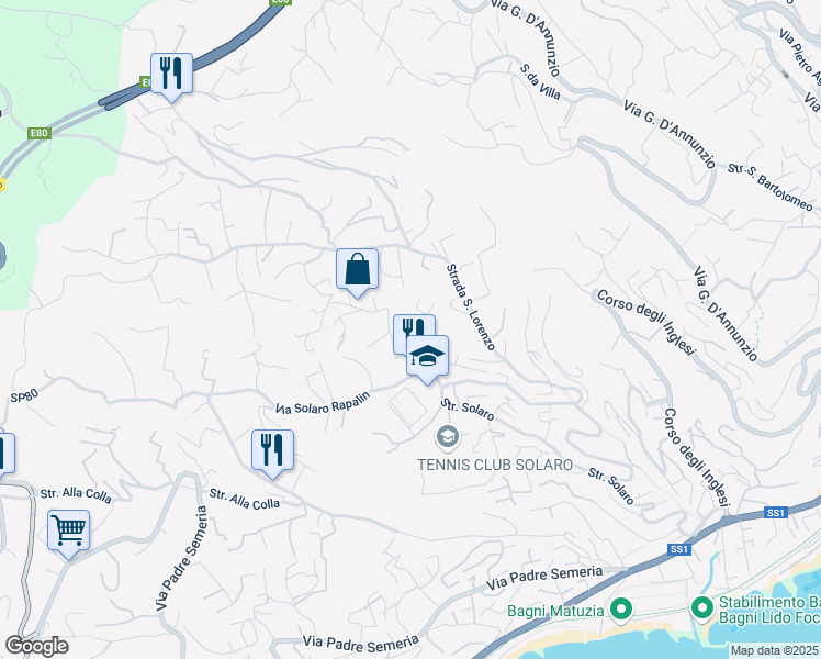 map of restaurants, bars, coffee shops, grocery stores, and more near 16b Strada Privata delle Rose in Sanremo