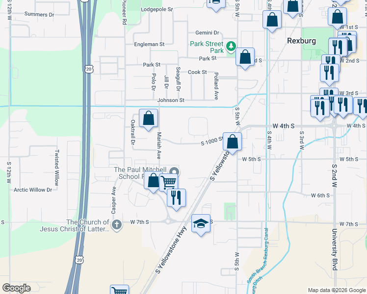 map of restaurants, bars, coffee shops, grocery stores, and more near 645 Trejo Street in Rexburg