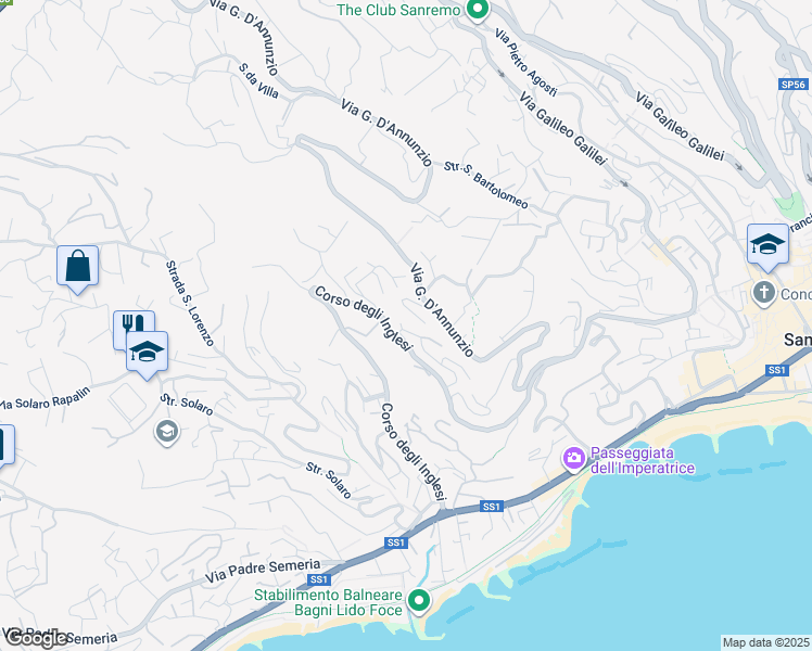 map of restaurants, bars, coffee shops, grocery stores, and more near 490 Corso degli Inglesi in Sanremo