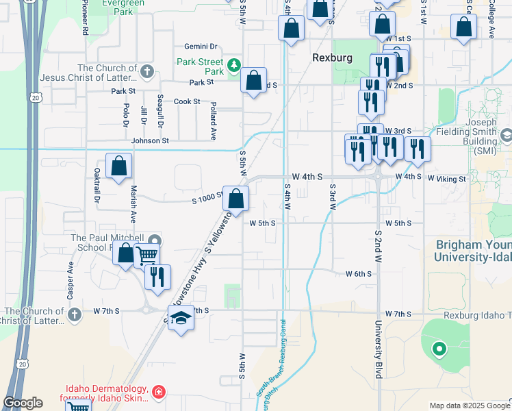 map of restaurants, bars, coffee shops, grocery stores, and more near 440 South 4th West in Rexburg