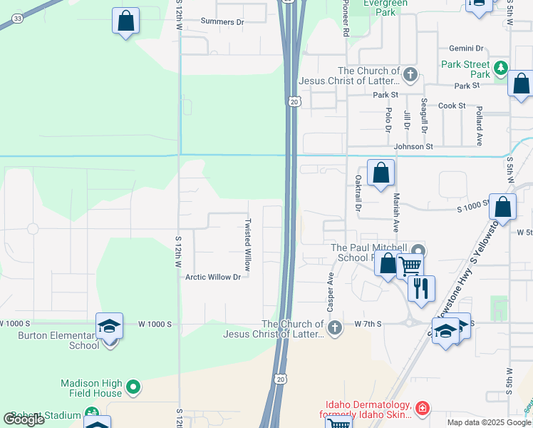 map of restaurants, bars, coffee shops, grocery stores, and more near 461 Countryside Avenue in Rexburg